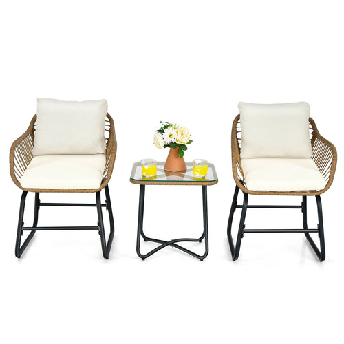 3-Piece Patio Bistro Set with 2 Rattan Chairs and Square Glass Coffee Table, White