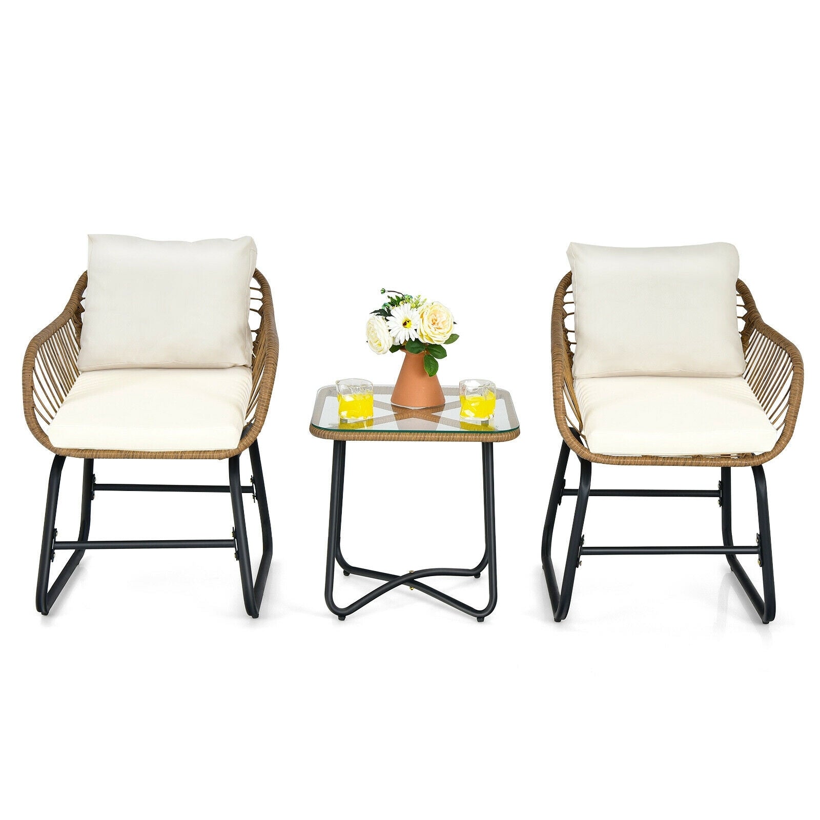 3-Piece Patio Bistro Set, 2 Rattan Chairs, Square Glass Coffee Table, White Patio Conversation Sets White at Gallery Canada