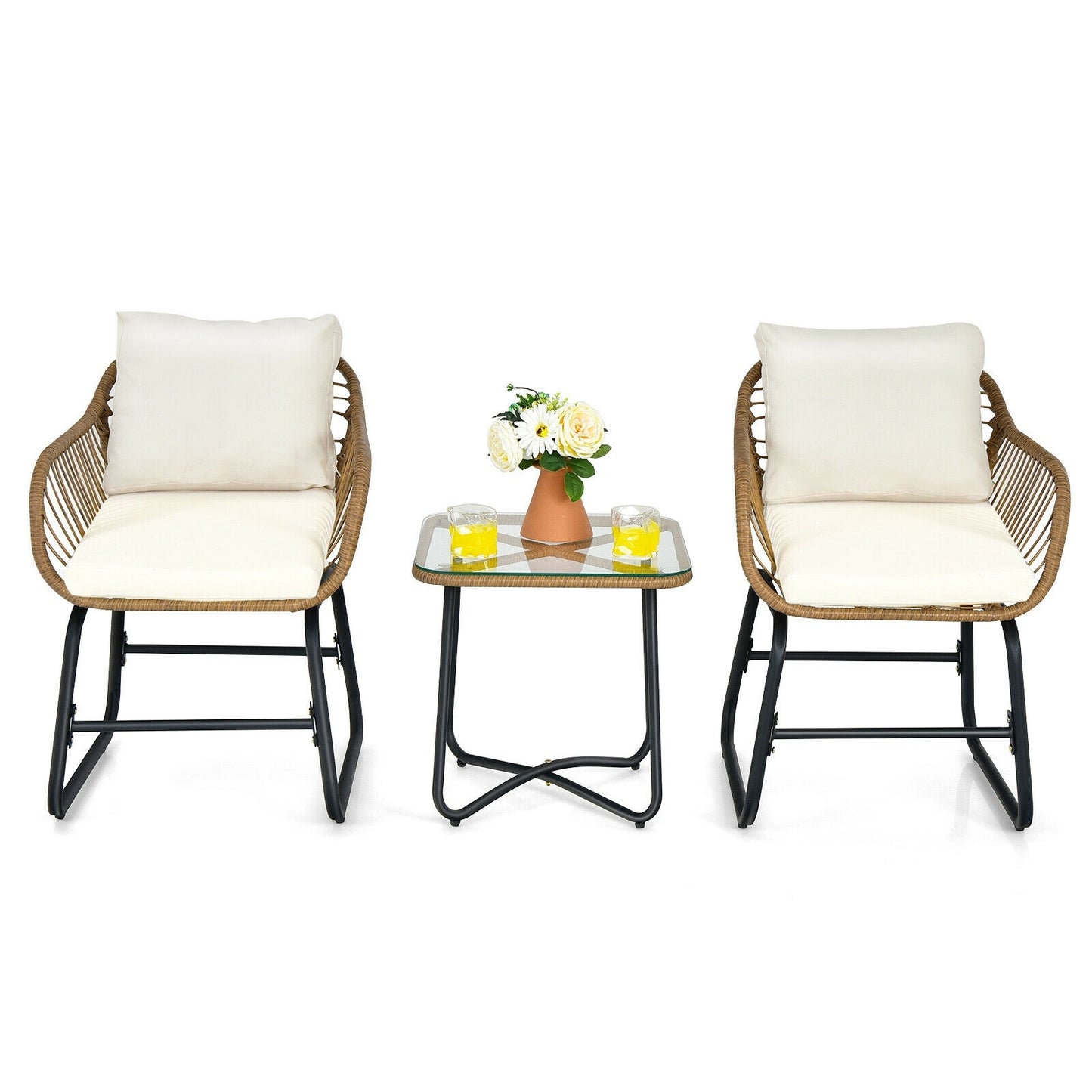 3-Piece Patio Bistro Set, 2 Rattan Chairs, Square Glass Coffee Table, White Patio Conversation Sets White at Gallery Canada