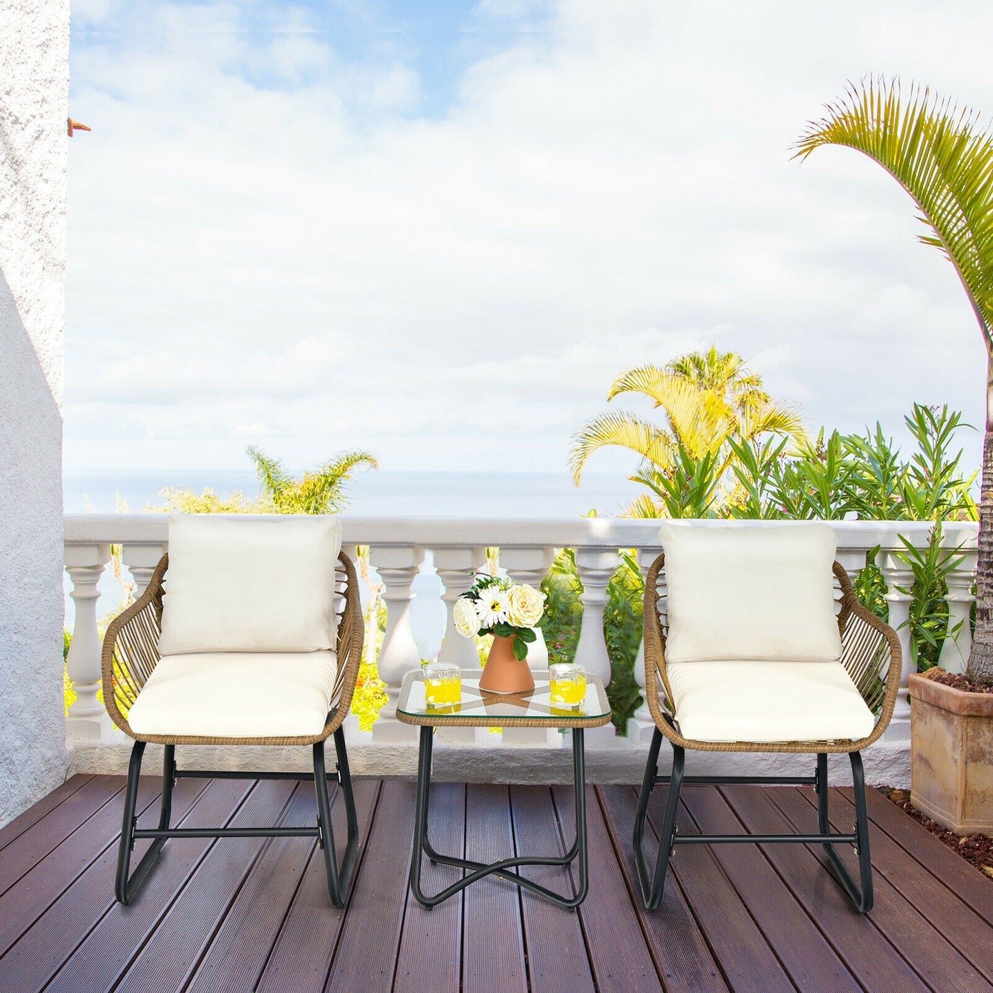3-Piece Patio Bistro Set with 2 Rattan Chairs and Square Glass Coffee Table, White Patio Conversation Sets at Gallery Canada