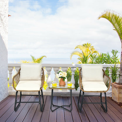 3-Piece Patio Bistro Set with 2 Rattan Chairs and Square Glass Coffee Table, White Patio Conversation Sets at Gallery Canada