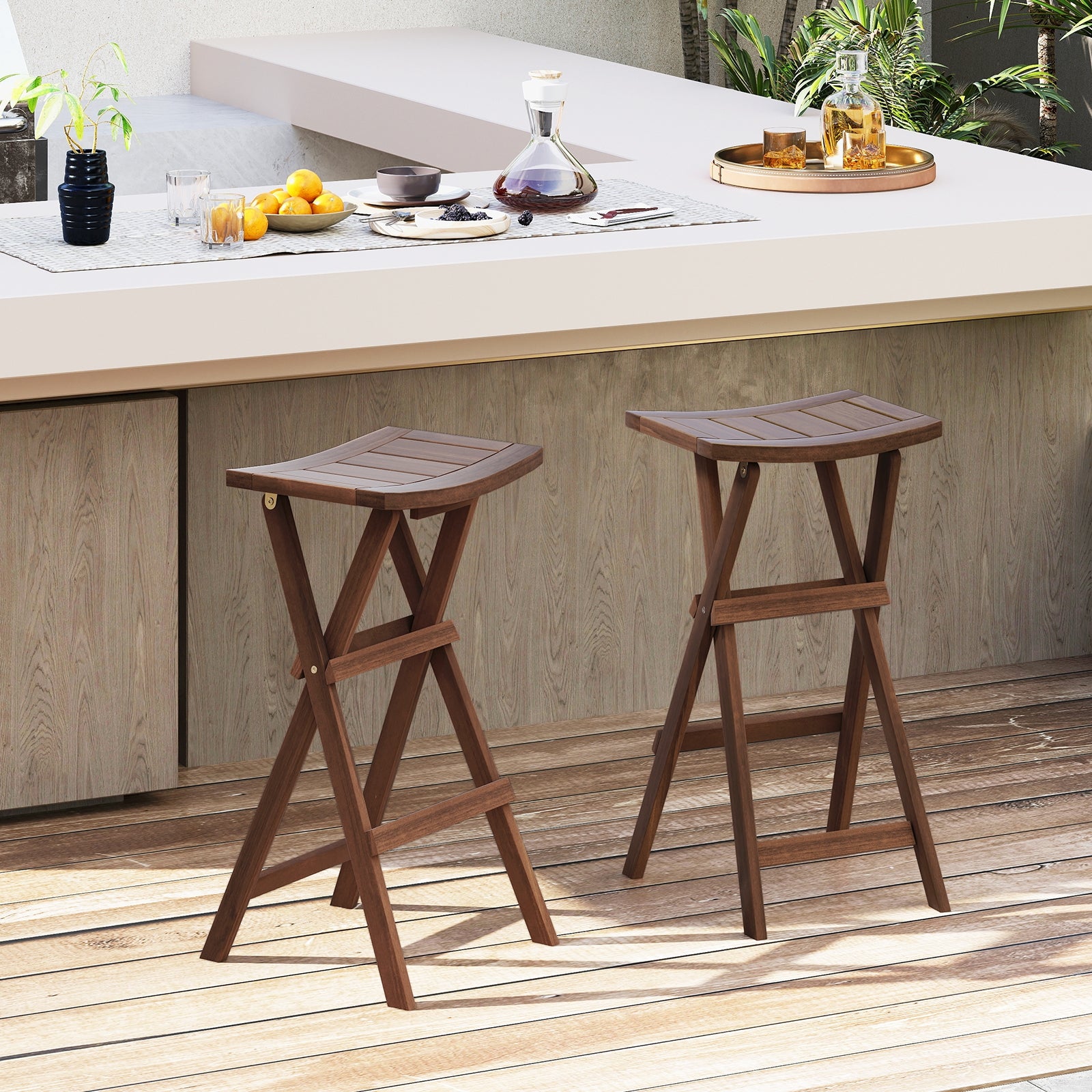 Bar Stools Set of 2 with Saddle Seat and Footrest for Kitchen Island and Balcony, Teak Bar Stools at Gallery Canada