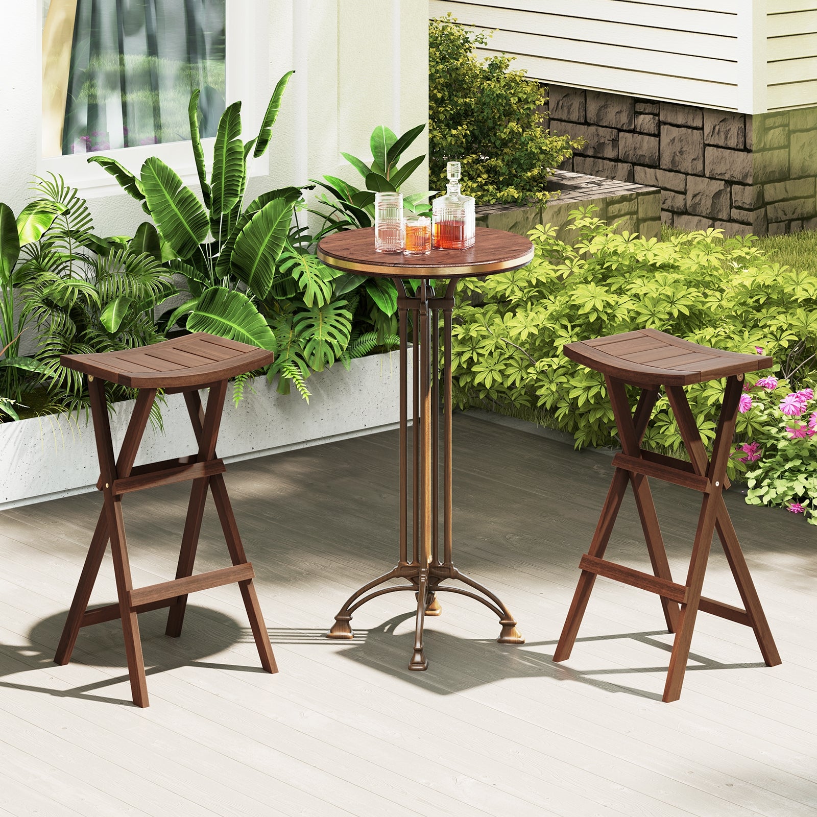 Bar Stools Set of 2 with Saddle Seat and Footrest for Kitchen Island and Balcony, Teak Bar Stools at Gallery Canada