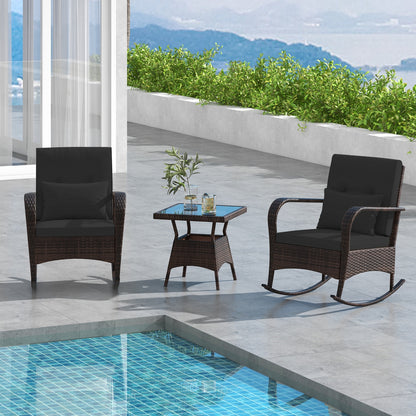 3 Pieces Outdoor Rocking Set with Tempered Glass Coffee Table for Backyard Poolside, Black Patio Conversation Sets at Gallery Canada