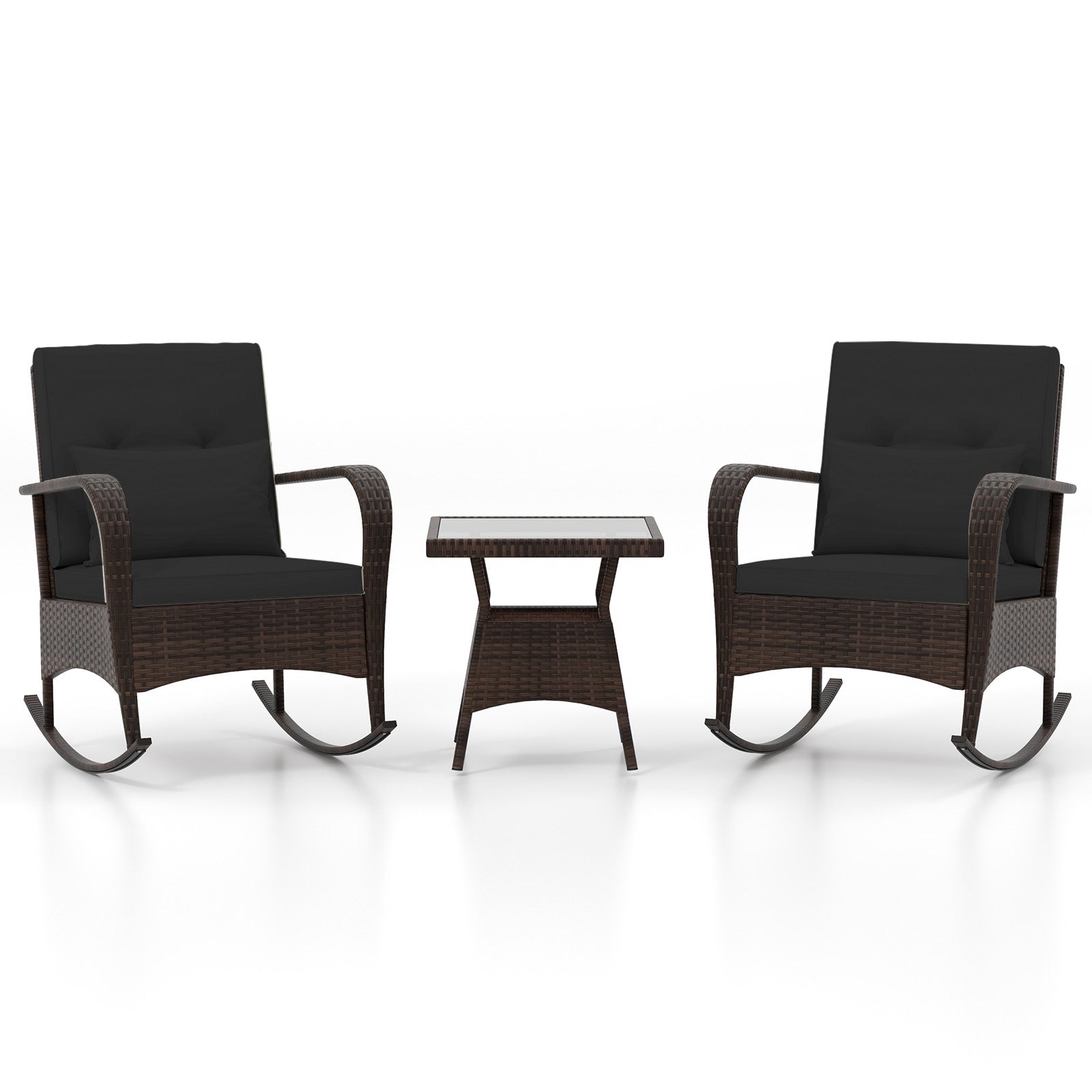 3 Pieces Outdoor Rocking Set with Tempered Glass Coffee Table for Backyard Poolside, Black Patio Conversation Sets at Gallery Canada