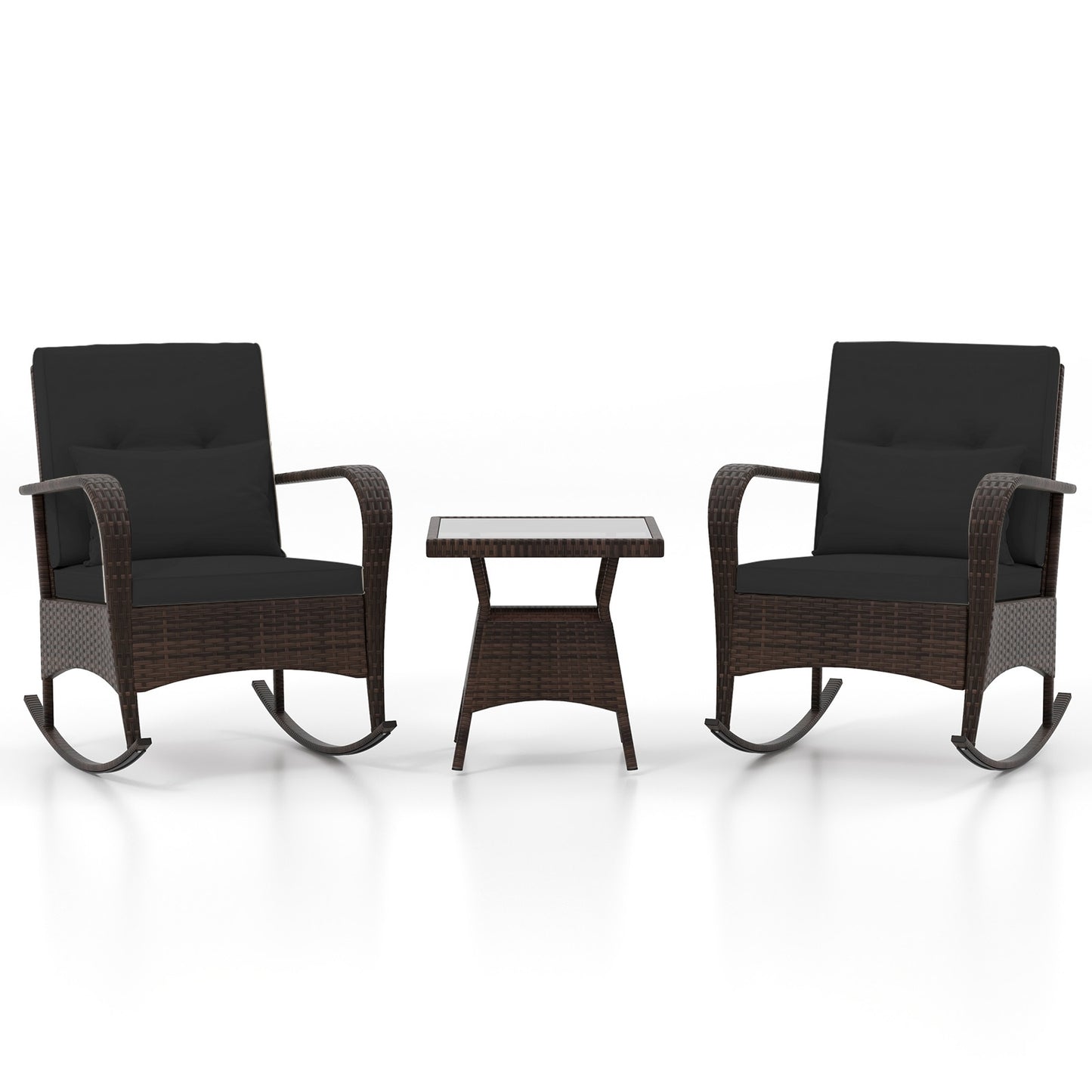 3 Pieces Outdoor Rocking Set with Tempered Glass Coffee Table for Backyard Poolside, Black Patio Conversation Sets at Gallery Canada