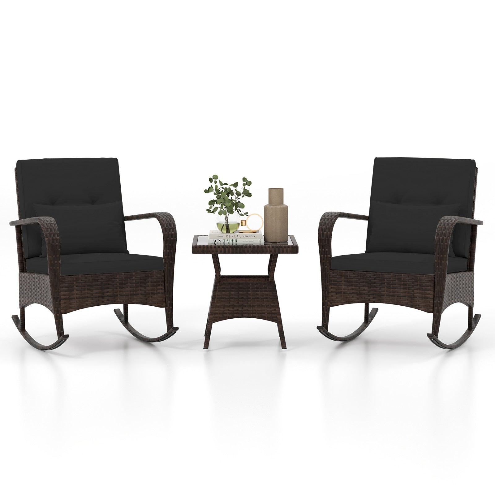 3 Pieces Outdoor Rocking Set with Tempered Glass Coffee Table for Backyard Poolside, Black Patio Conversation Sets at Gallery Canada