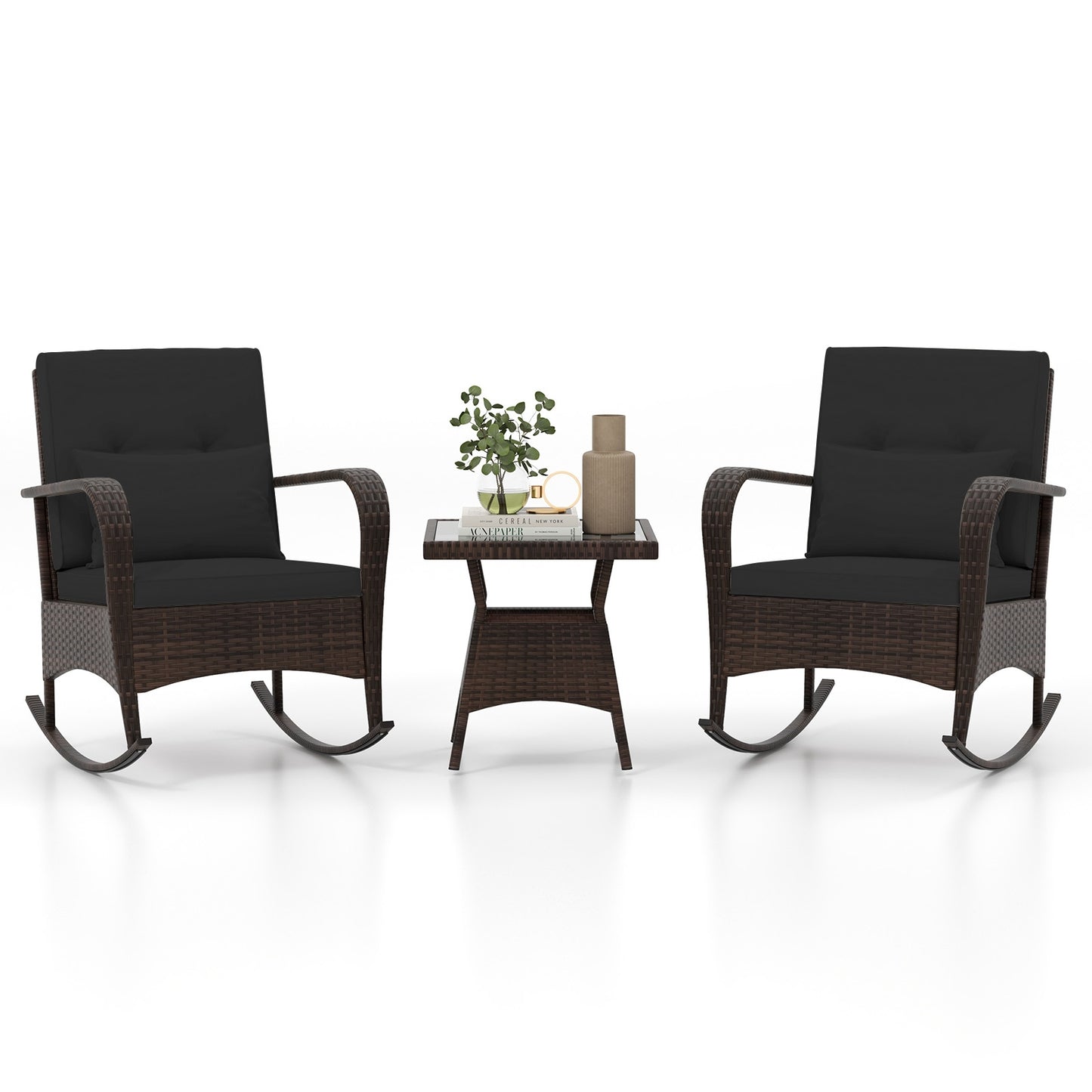 3 Pieces Outdoor Rocking Set with Tempered Glass Coffee Table for Backyard Poolside, Black Patio Conversation Sets at Gallery Canada