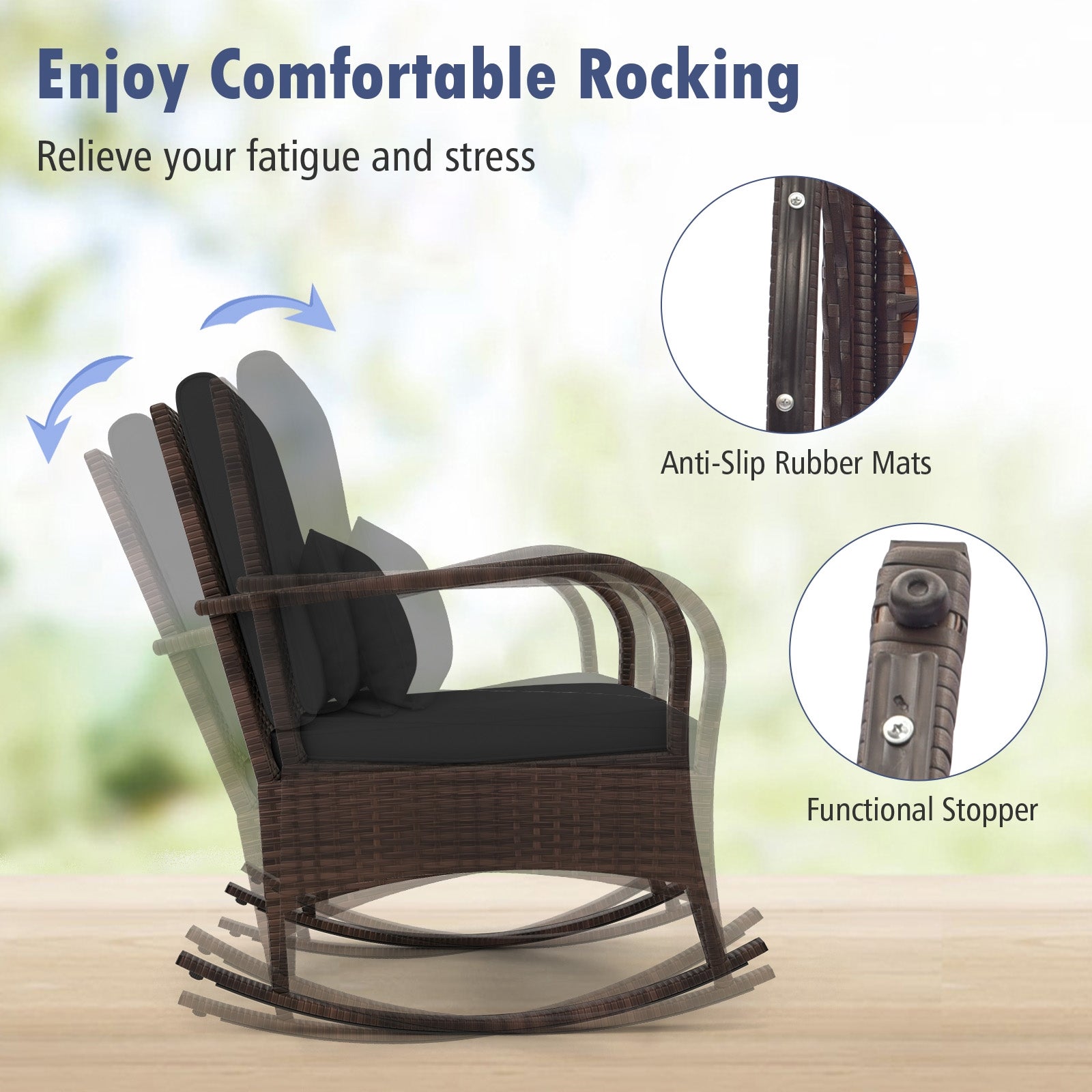 3 Pieces Outdoor Rocking Set with Tempered Glass Coffee Table for Backyard Poolside, Black Patio Conversation Sets at Gallery Canada