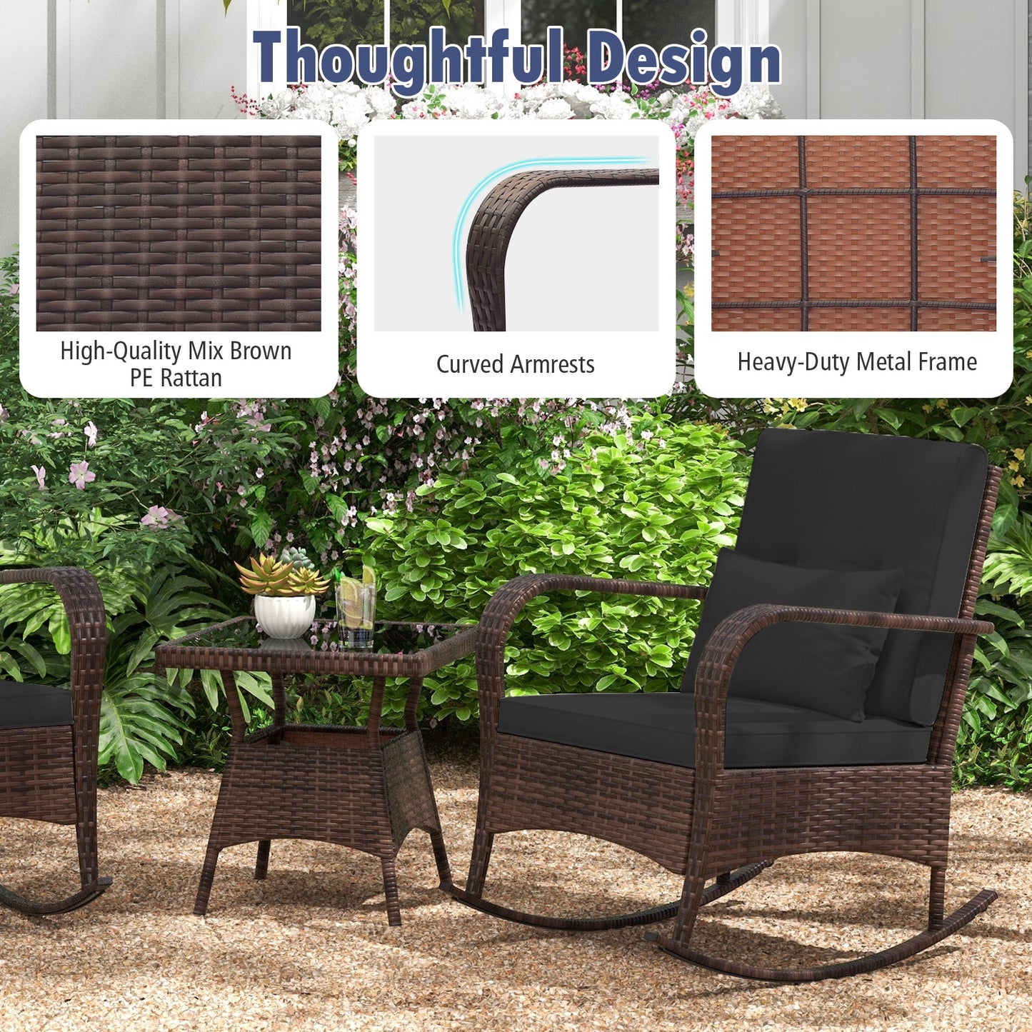 3 Pieces Outdoor Rocking Set with Tempered Glass Coffee Table for Backyard Poolside, Black Patio Conversation Sets at Gallery Canada