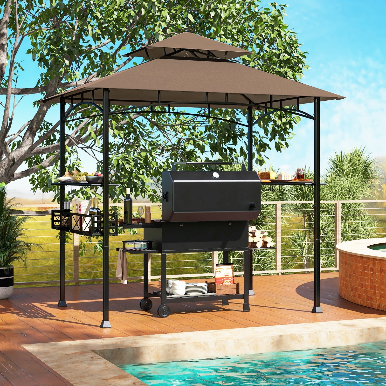 8 x 5 Feet Outdoor Grill Gazebo with 2 Side Shelves and 10 Hooks, Brown Gazebos at Gallery Canada