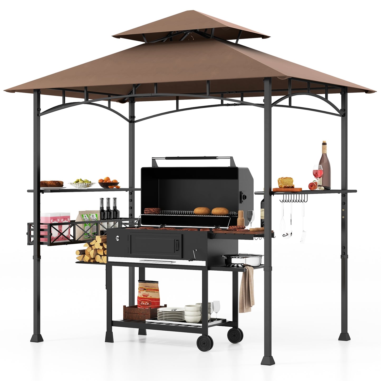 8 x 5 Feet Outdoor Grill Gazebo with 2 Side Shelves and 10 Hooks, Brown Gazebos at Gallery Canada