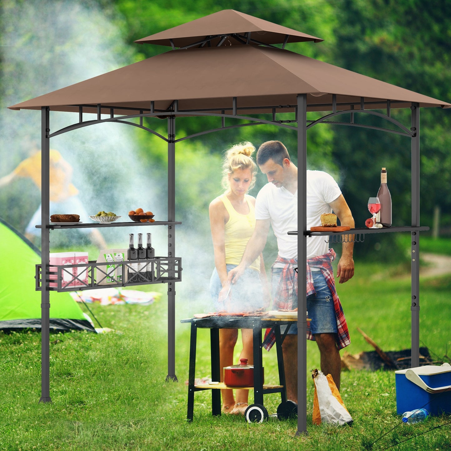 8 x 5 Feet Outdoor Grill Gazebo with 2 Side Shelves and 10 Hooks, Brown Gazebos at Gallery Canada