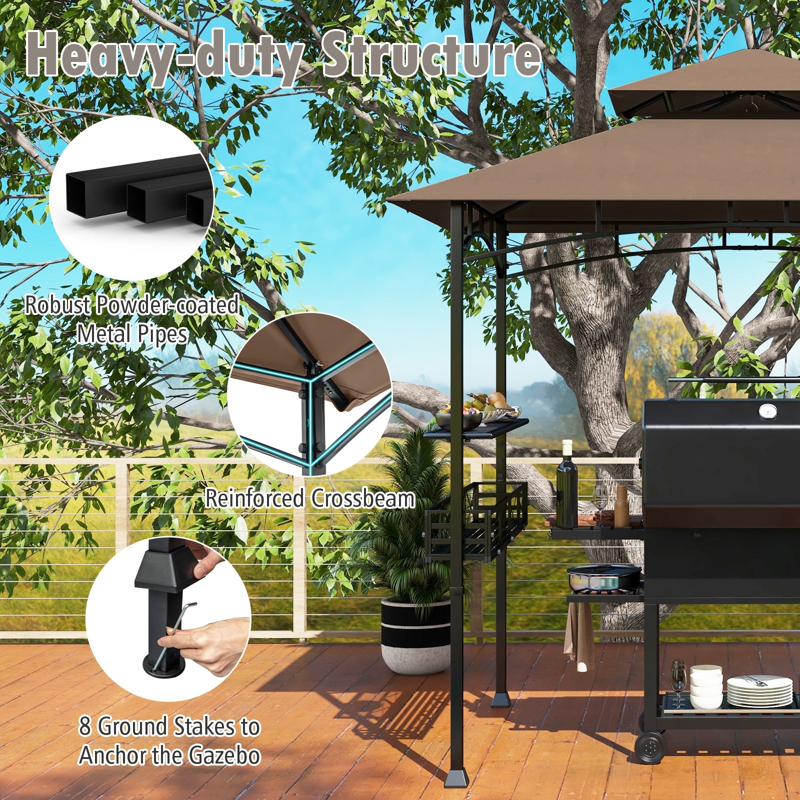 8 x 5 Feet Outdoor Grill Gazebo with 2 Side Shelves and 10 Hooks, Brown Gazebos at Gallery Canada