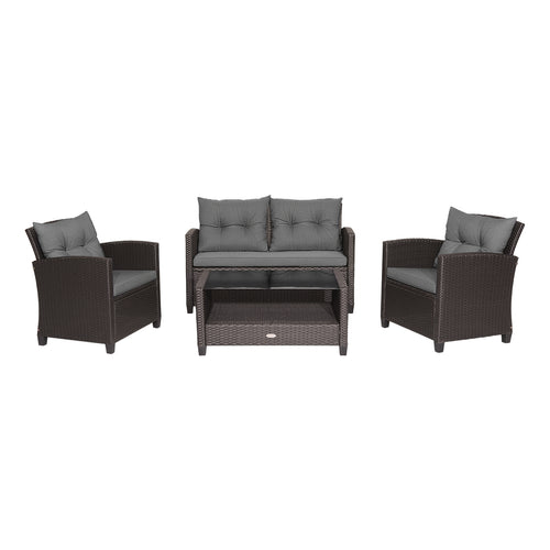 4 Pieces Patio Rattan Conversation Furniture Set with Glass Top Coffee Table, Gray