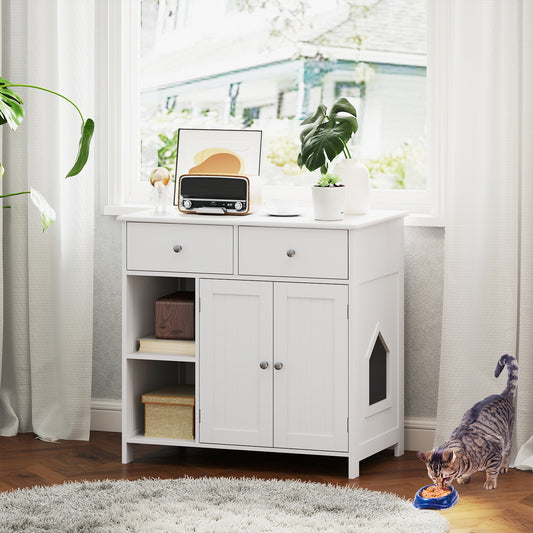 Armoire latérale de salle de bain pour chat caché, maison pour animaux en bois avec 2 tiroirs, blanc