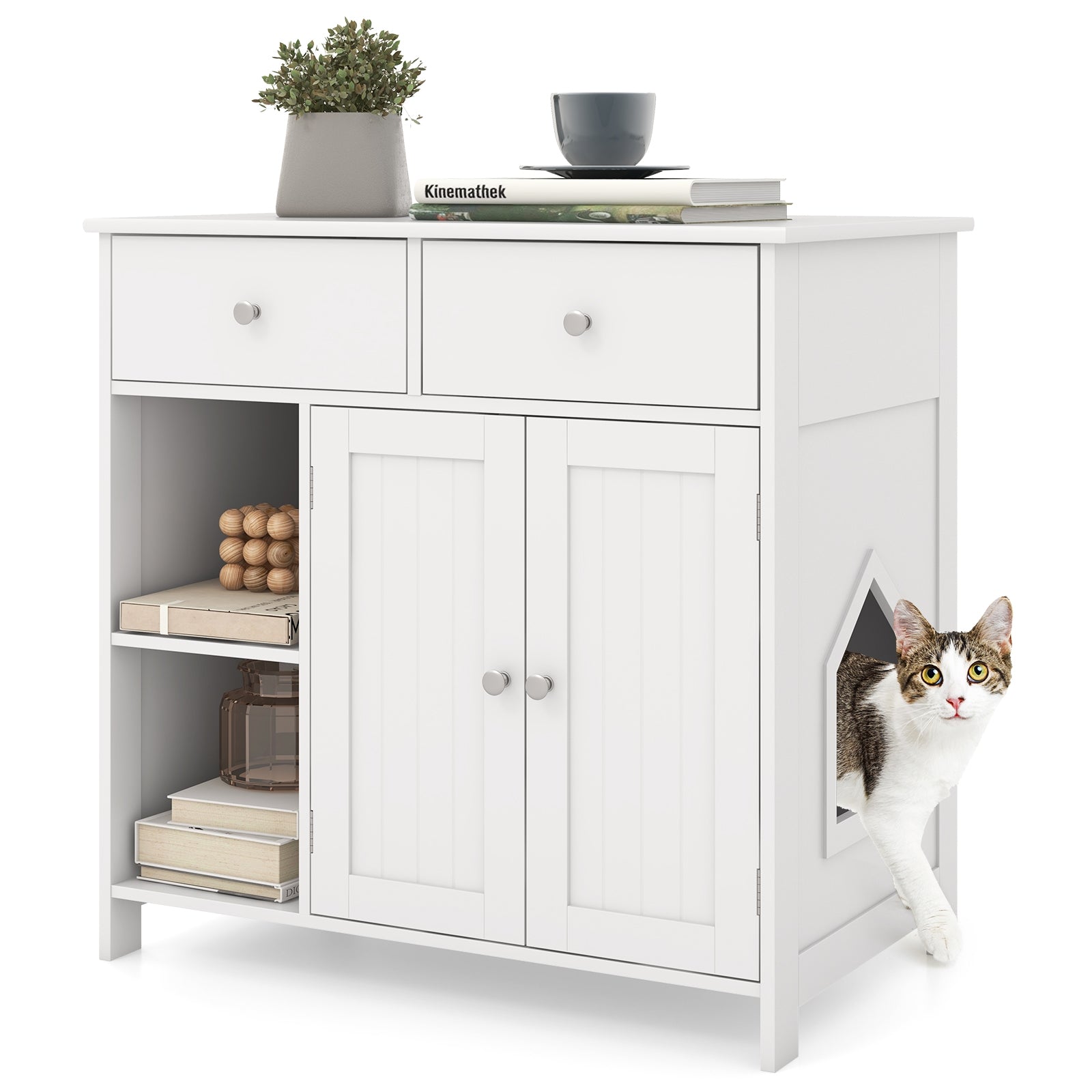 Hidden Cat Washroom Side Cabinet Wooden Pet House with 2 Drawers, White Cat Houses at Gallery Canada