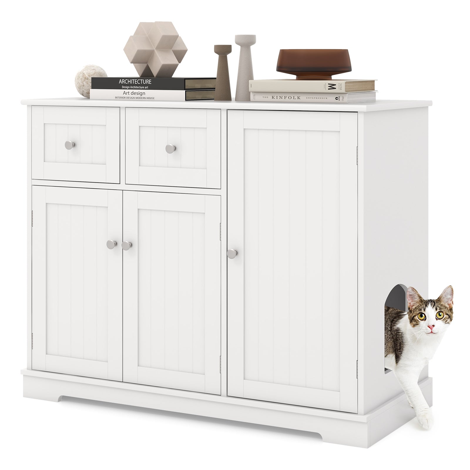 Cat Litter Box Enclosure, 2 Drawers, 3 Doors, White Cat Houses White at Gallery Canada