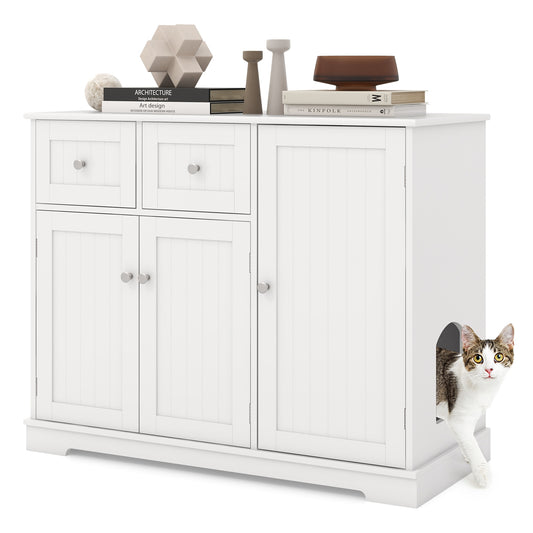 Cat Litter Box Enclosure, 2 Drawers, 3 Doors, White Cat Houses White at Gallery Canada