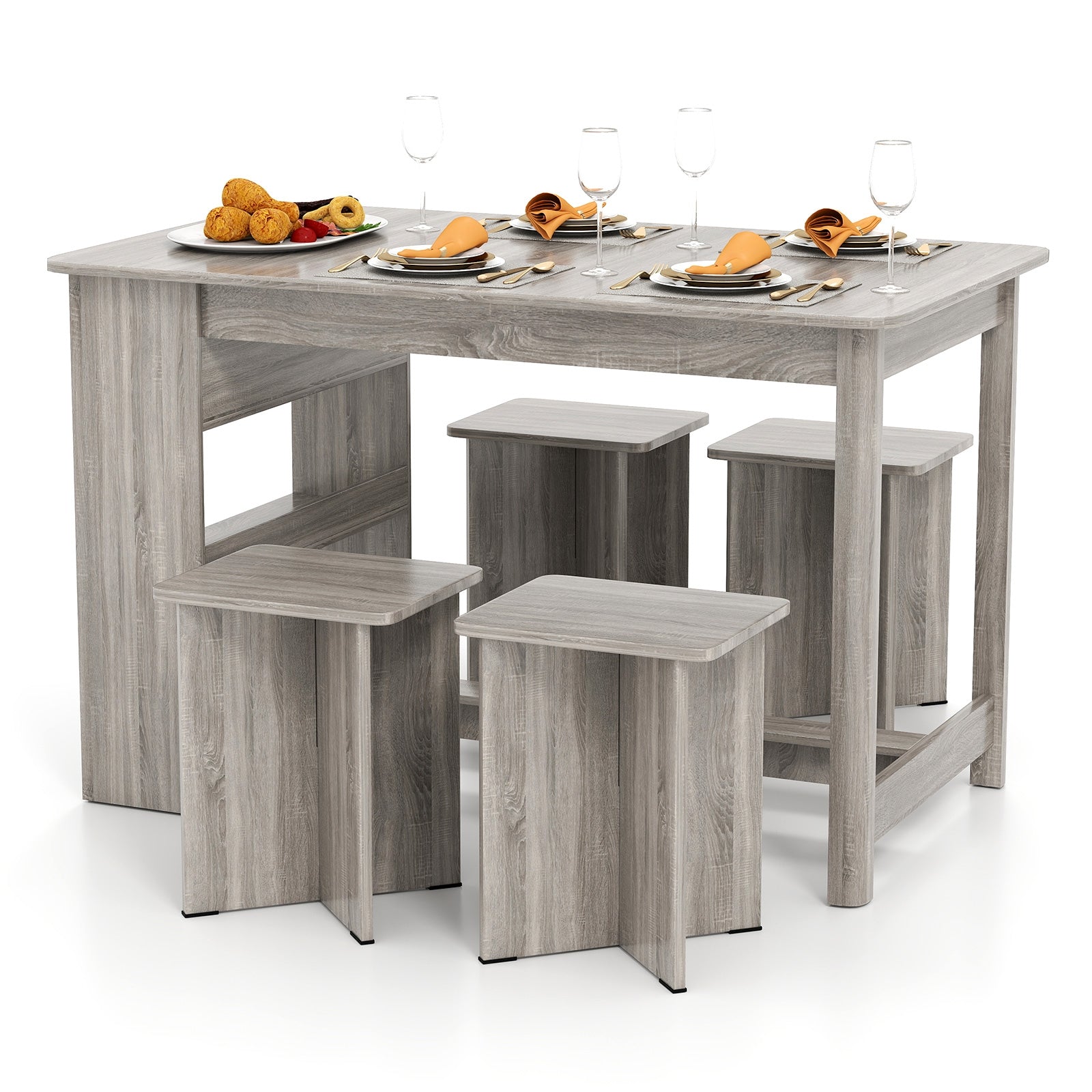 5 Pieces Dining Table Set with Storage Shelf and 4 Stools, Gray Dining Room Sets at Gallery Canada
