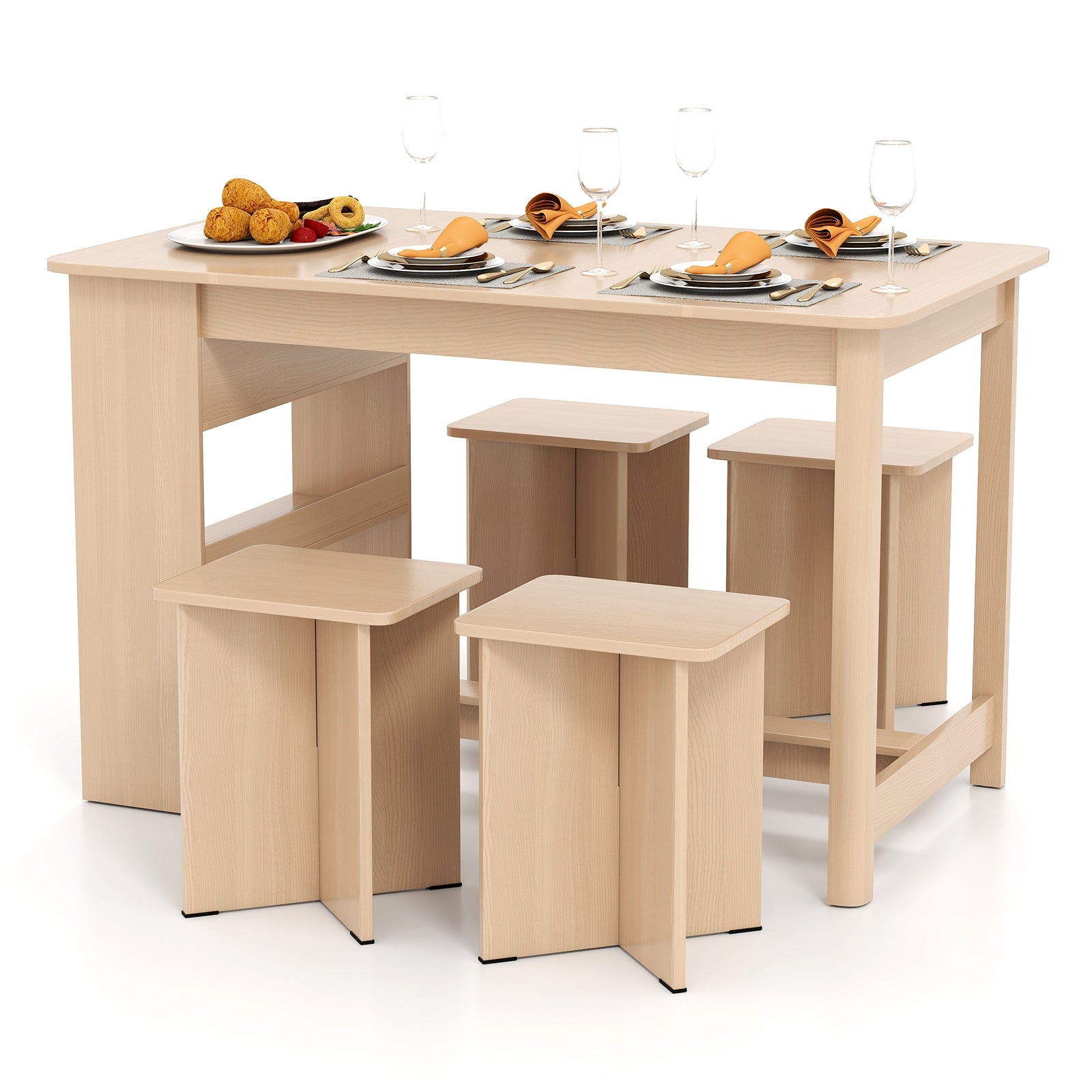 5 Pieces Dining Table Set with Storage Shelf and 4 Stools, Natural Dining Room Sets at Gallery Canada