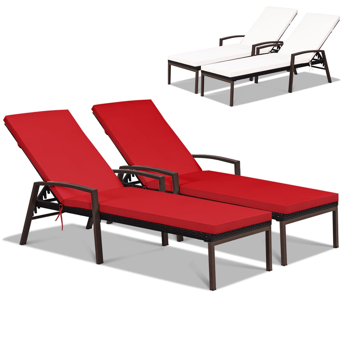 2 Pieces Patio Rattan Reclining Chaise Lounge Chair with Cushion and Armrest, Red & White Outdoor Chaise Lounges at Gallery Canada