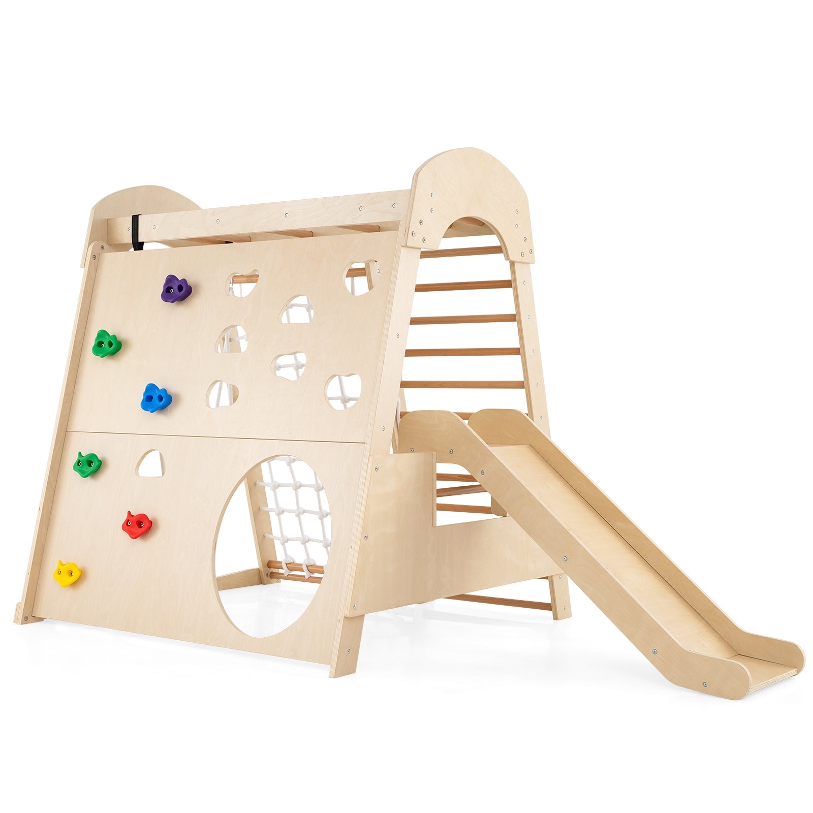 8-in-1 Indoor Jungle Gym Wooden Playground with Swing and Climbing Wall, Natural Climbers & Slides at Gallery Canada