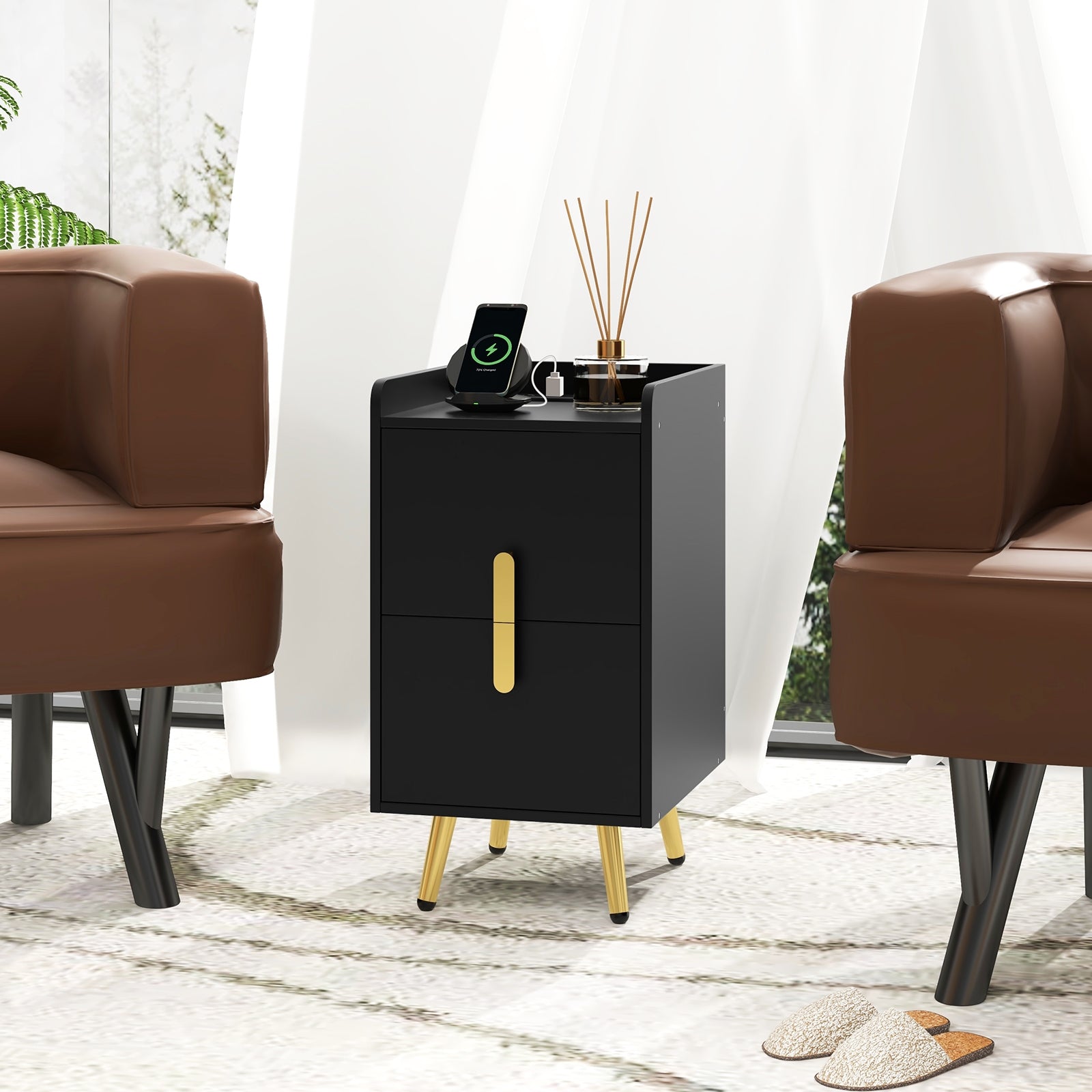 Nightstand Side Tables with 2 Drawers and 2 USB Ports, Black Nightstands at Gallery Canada