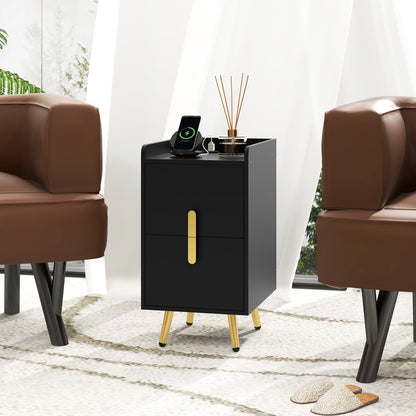 Nightstand Side Tables with 2 Drawers and 2 USB Ports, Black Nightstands at Gallery Canada