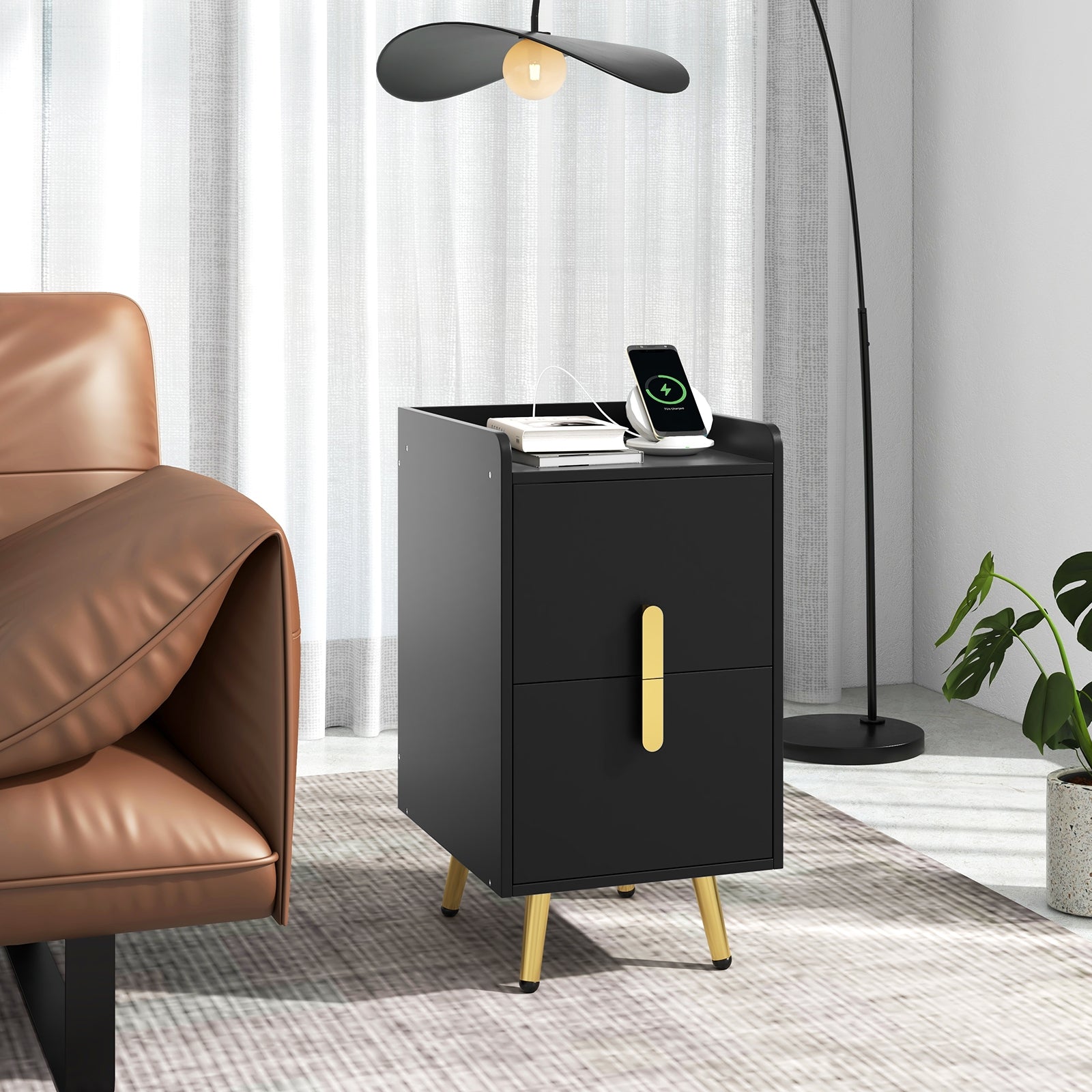 Nightstand Side Tables with 2 Drawers and 2 USB Ports, Black Nightstands at Gallery Canada