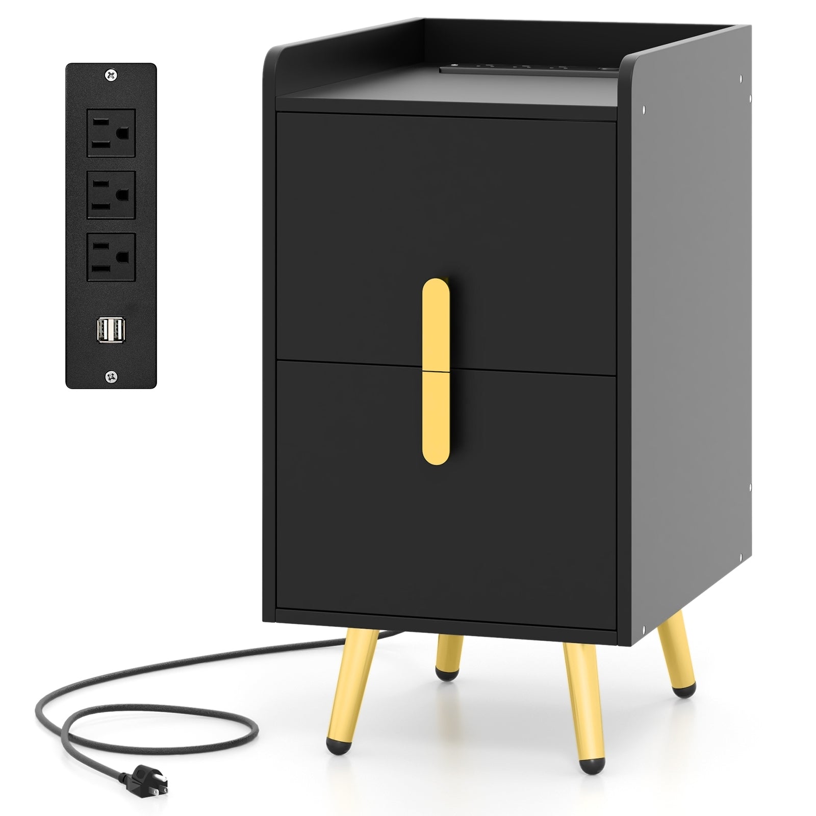 Nightstand Side Tables with 2 Drawers and 2 USB Ports, Black Nightstands at Gallery Canada