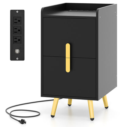 Nightstand Side Tables with 2 Drawers and 2 USB Ports, Black Nightstands at Gallery Canada