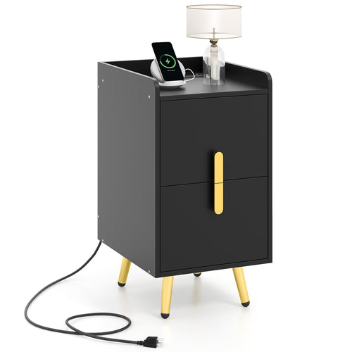 Nightstand Side Tables with 2 Drawers and 2 USB Ports, Black