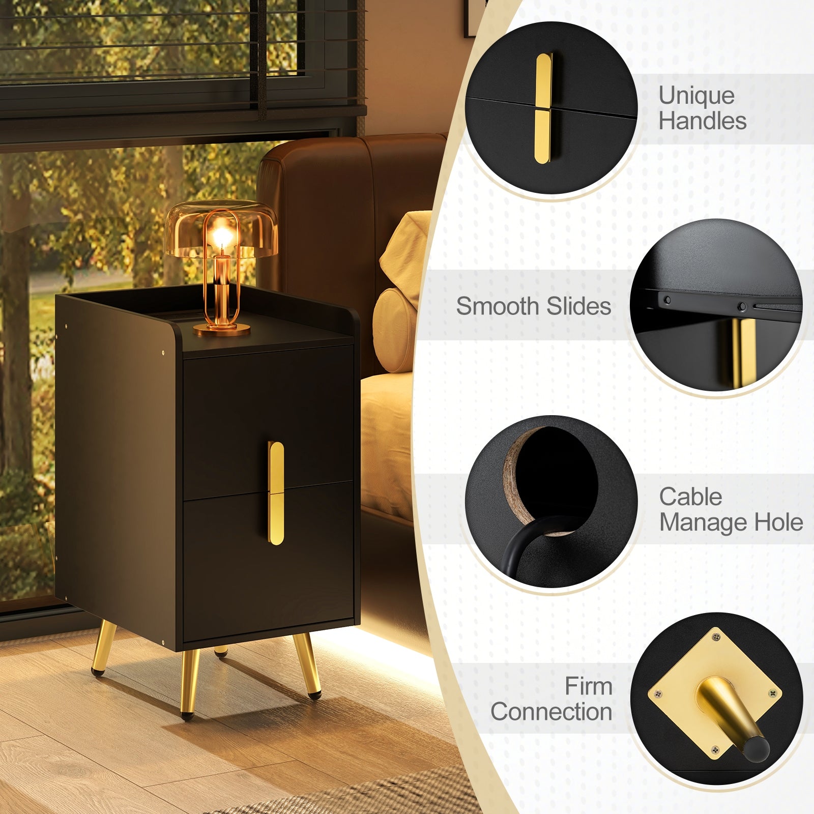 Nightstand Side Tables with 2 Drawers and 2 USB Ports, Black Nightstands at Gallery Canada