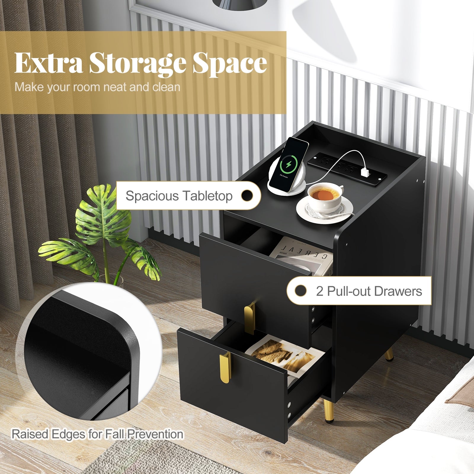 Nightstand Side Tables with 2 Drawers and 2 USB Ports, Black Nightstands at Gallery Canada
