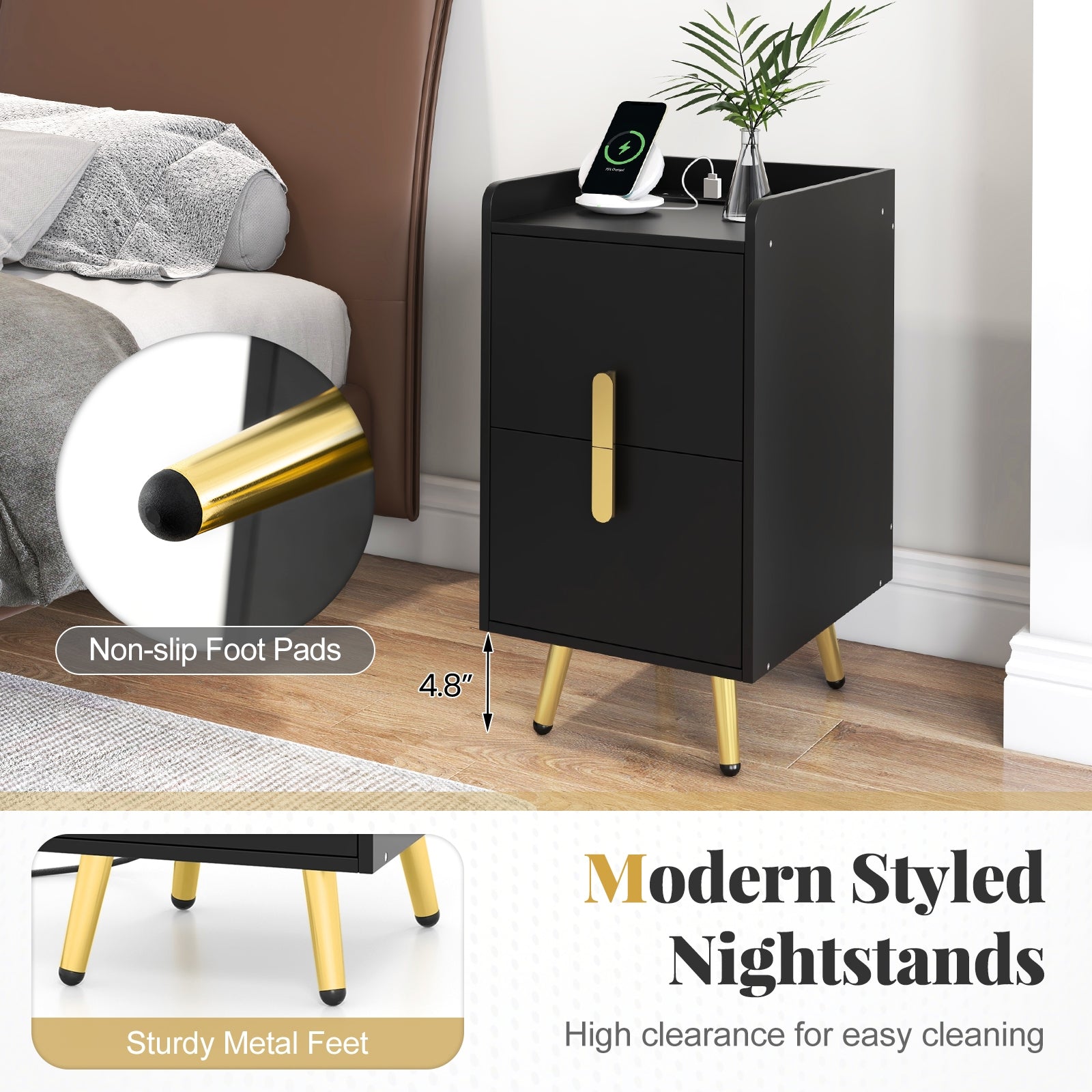 Nightstand Side Tables with 2 Drawers and 2 USB Ports, Black Nightstands at Gallery Canada