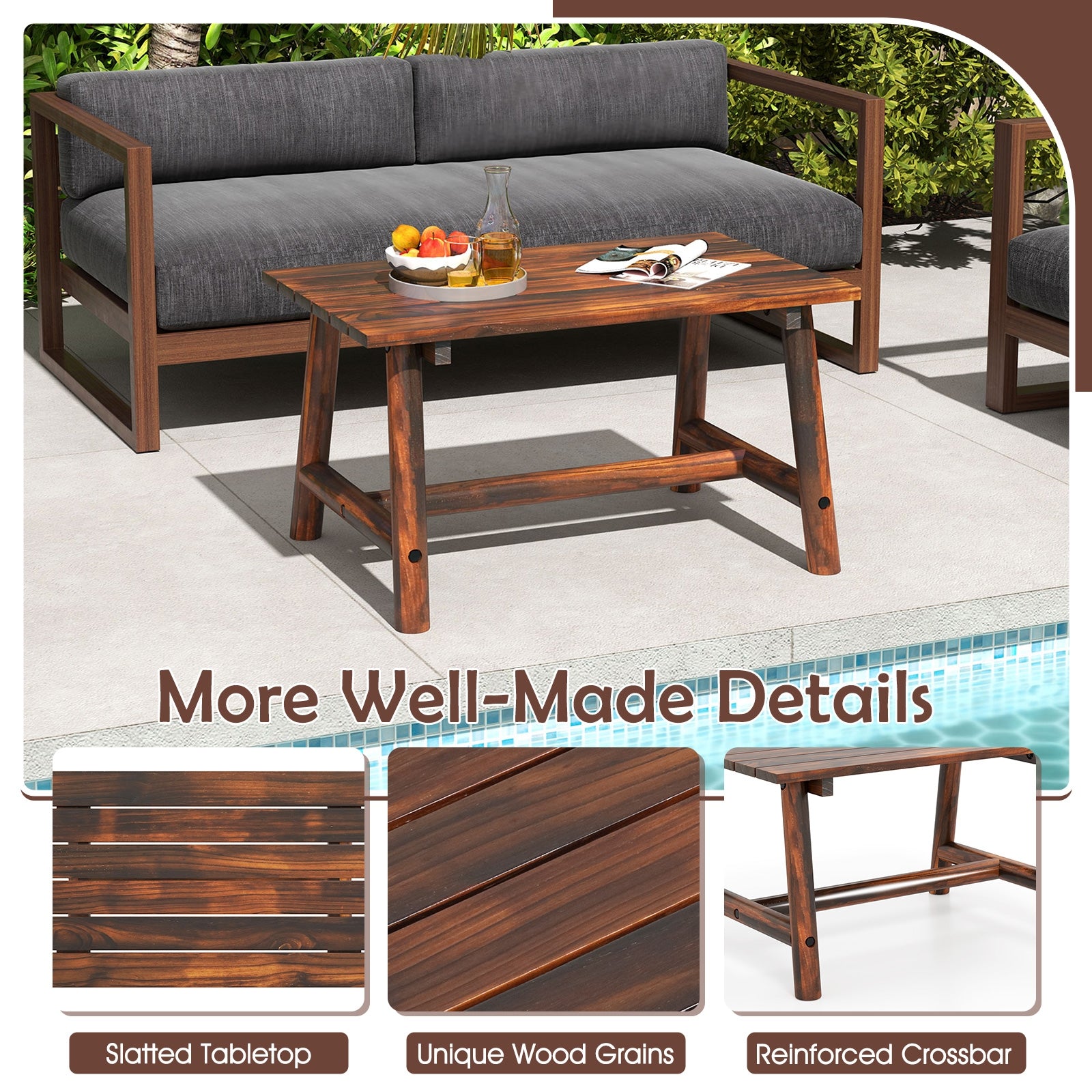 Solid Wood Patio Table with Slatted Tabletop for Garden Lawn Porch Balcony Poolside Living Room, Brown Patio Coffee Tables at Gallery Canada