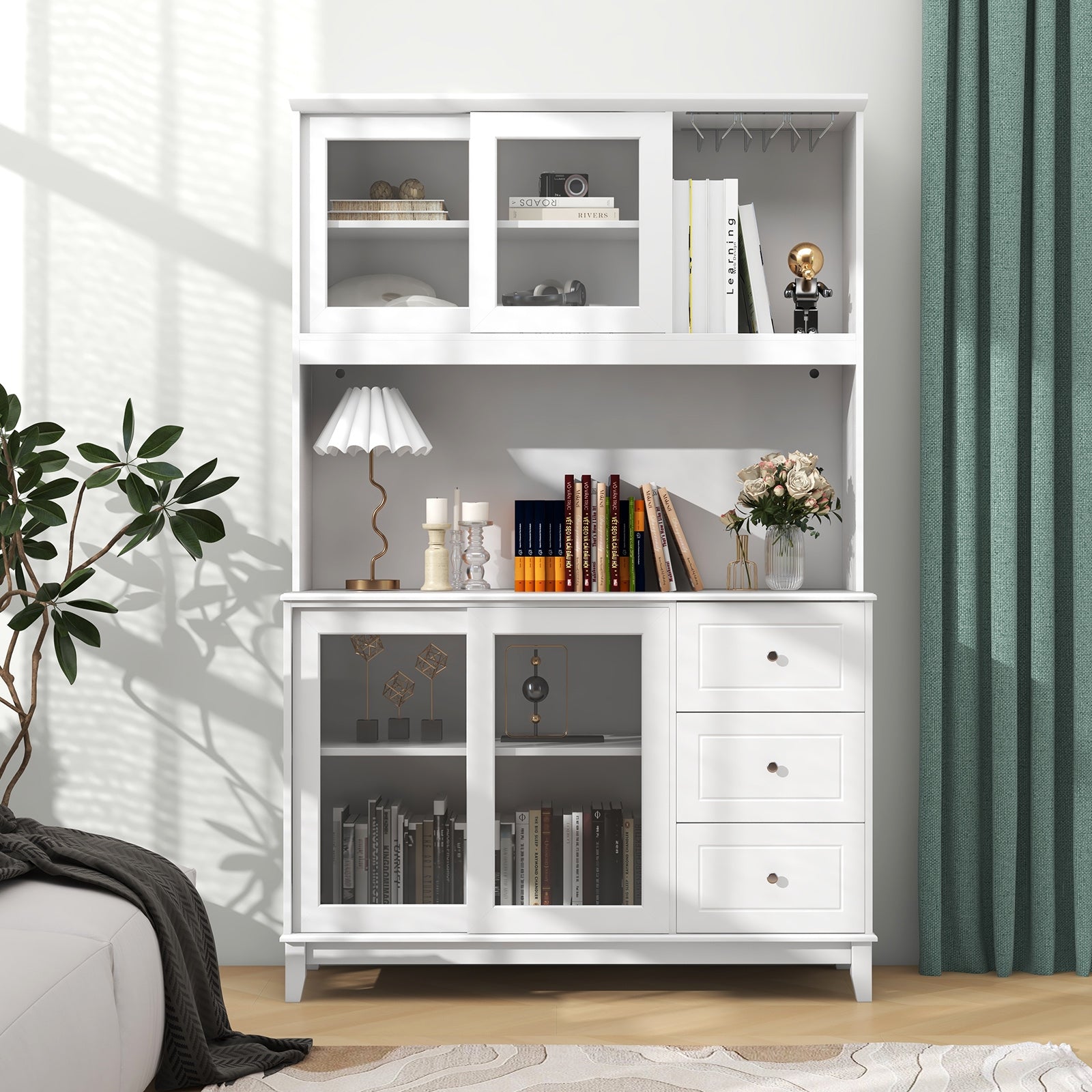 Kitchen Pantry Storage Cabinet Kitchen Hutch with LED lights and Power Outlet, White Sideboards Cabinets & Buffets at Gallery Canada