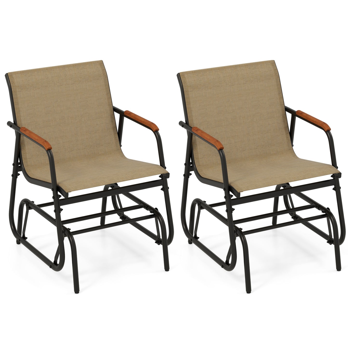 Patio Glider Chair Set of 2 with Curved Teak Armrests and Breathable Fabric Seat, Brown Patio Rocking Chairs & Gliders Brown at Gallery Canada