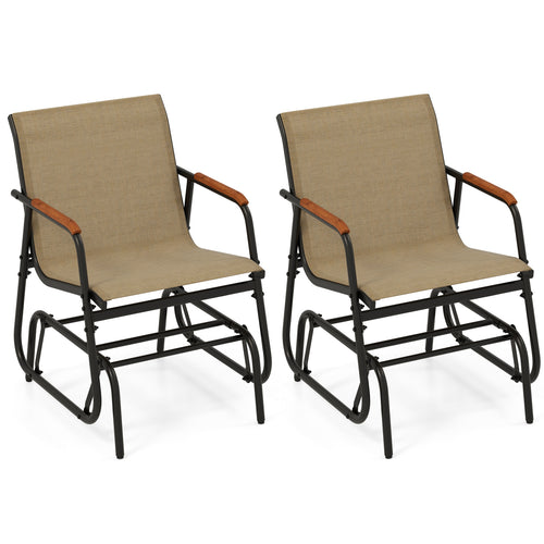 Patio Glider Chair Set of 2 with Curved Teak Armrests and Breathable Fabric Seat, Brown