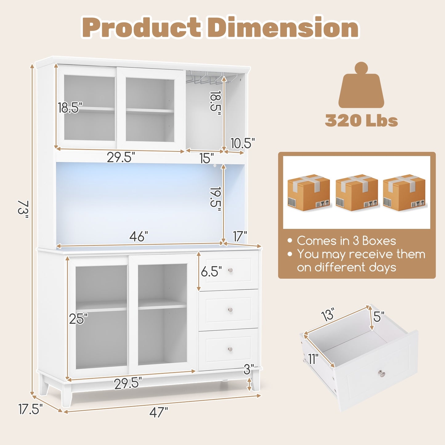Kitchen Pantry Storage Cabinet Kitchen Hutch with LED lights and Power Outlet, White Sideboards Cabinets & Buffets at Gallery Canada