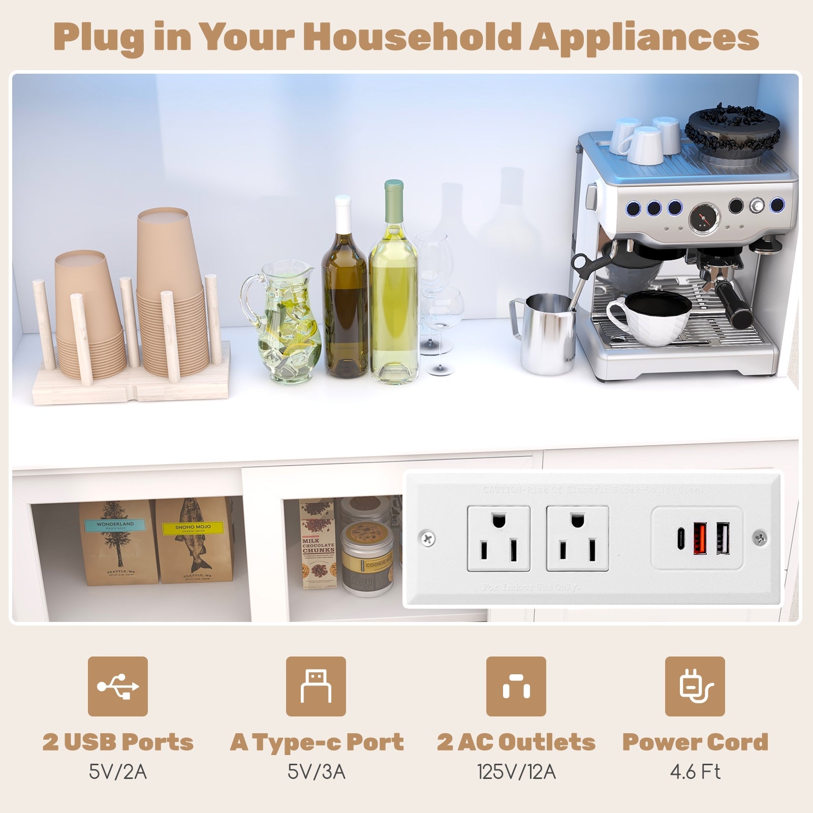 Kitchen Pantry Storage Cabinet Kitchen Hutch with LED lights and Power Outlet, White Sideboards Cabinets & Buffets at Gallery Canada