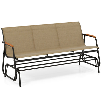 Patio Glider Bench with Curved Teak Armrests and Breathable Fabric Seat for 3 People, Brown Patio Rocking Chairs & Gliders at Gallery Canada