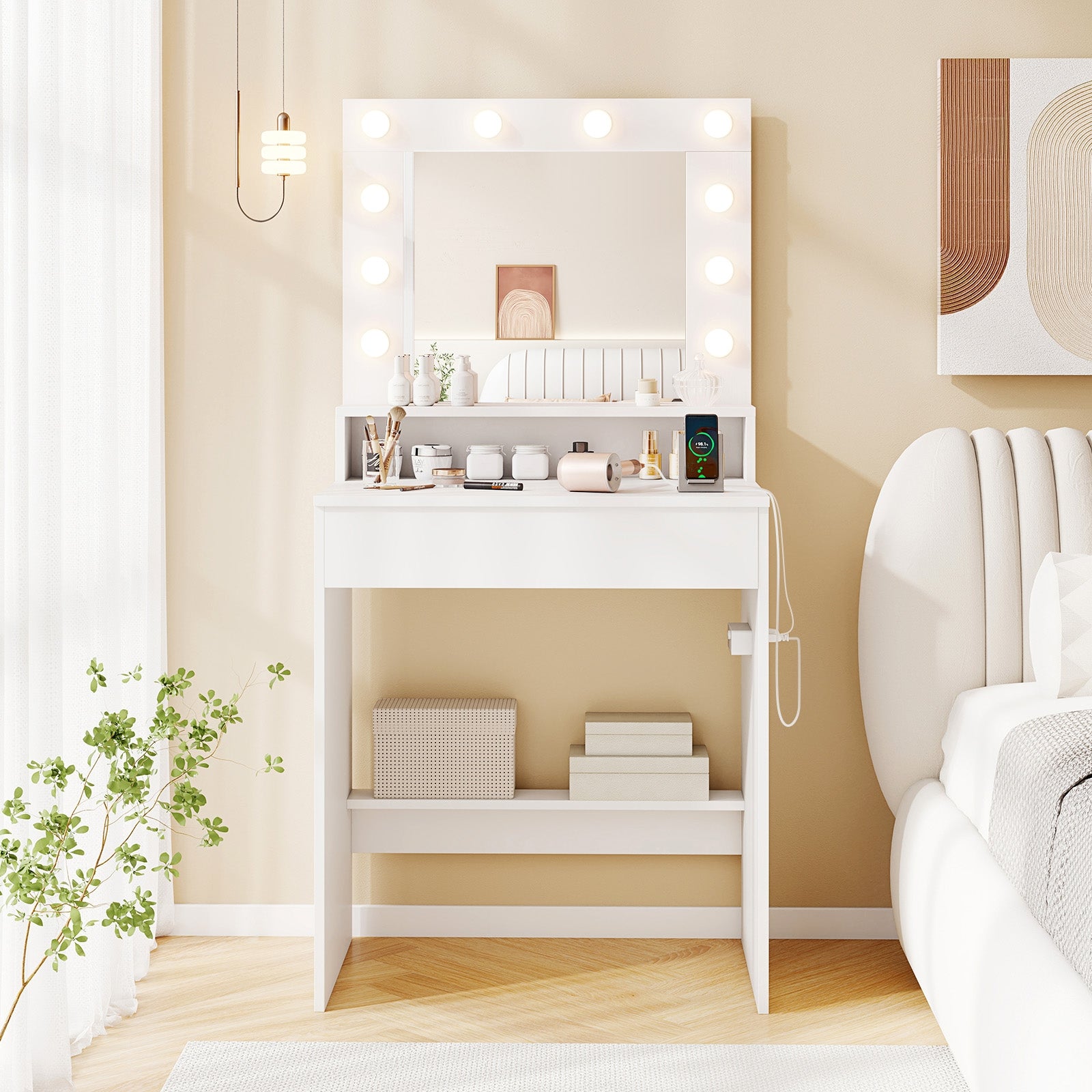 Vanity Desk with Adjustable Brightness and 3 Light Modes for Bedroom, White Makeup Vanities at Gallery Canada