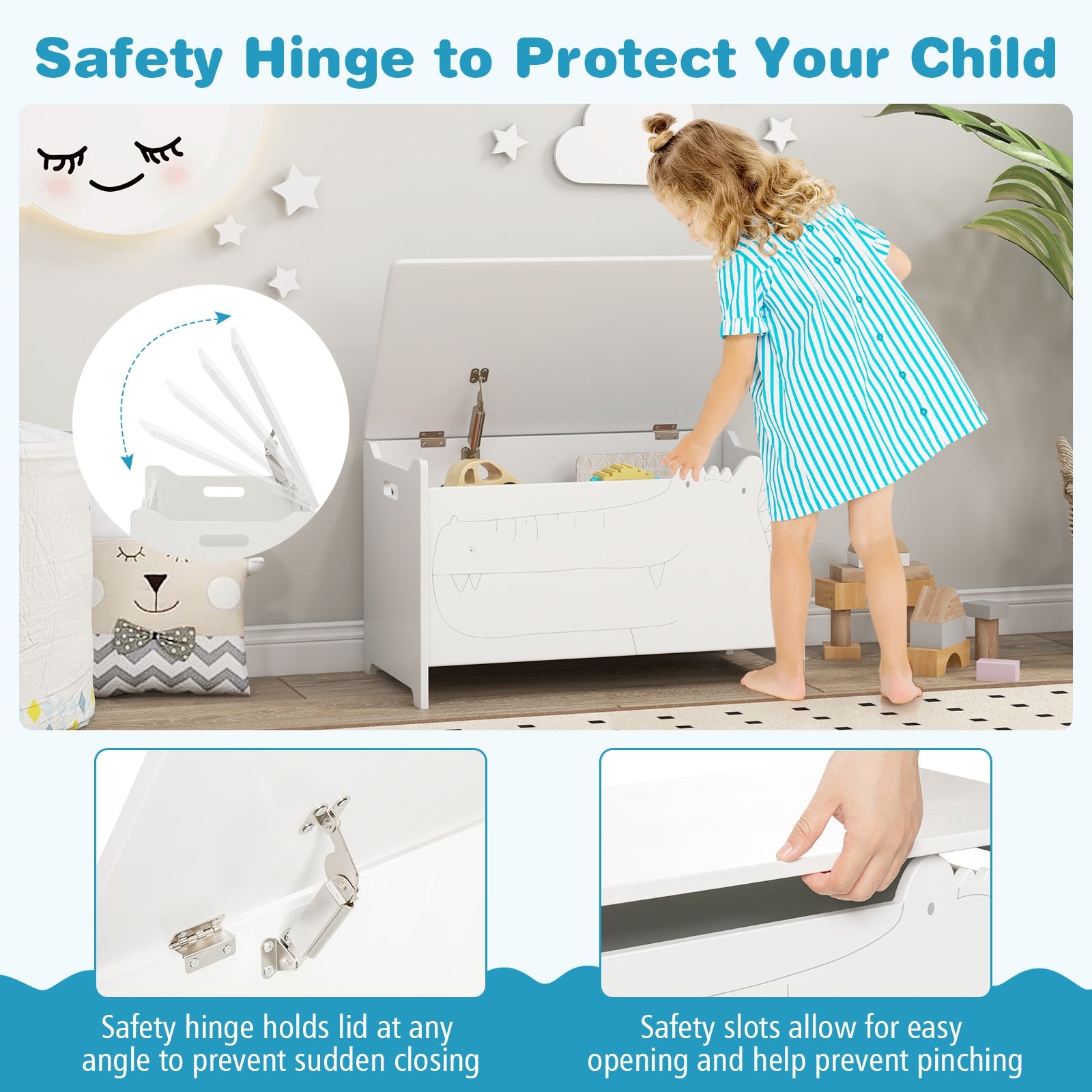 Wooden Kids Toy Box with Safety Hinge, White Kids Storage at Gallery Canada