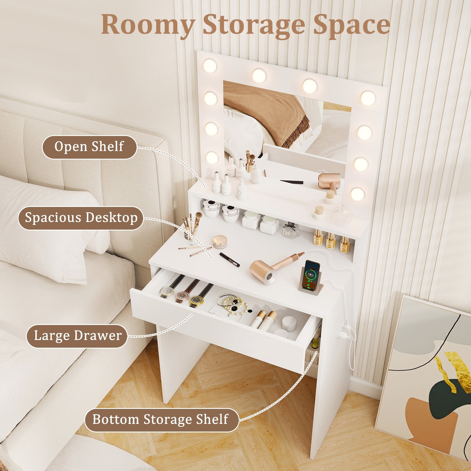 Vanity Desk with Adjustable Brightness and 3 Light Modes for Bedroom, White Makeup Vanities at Gallery Canada