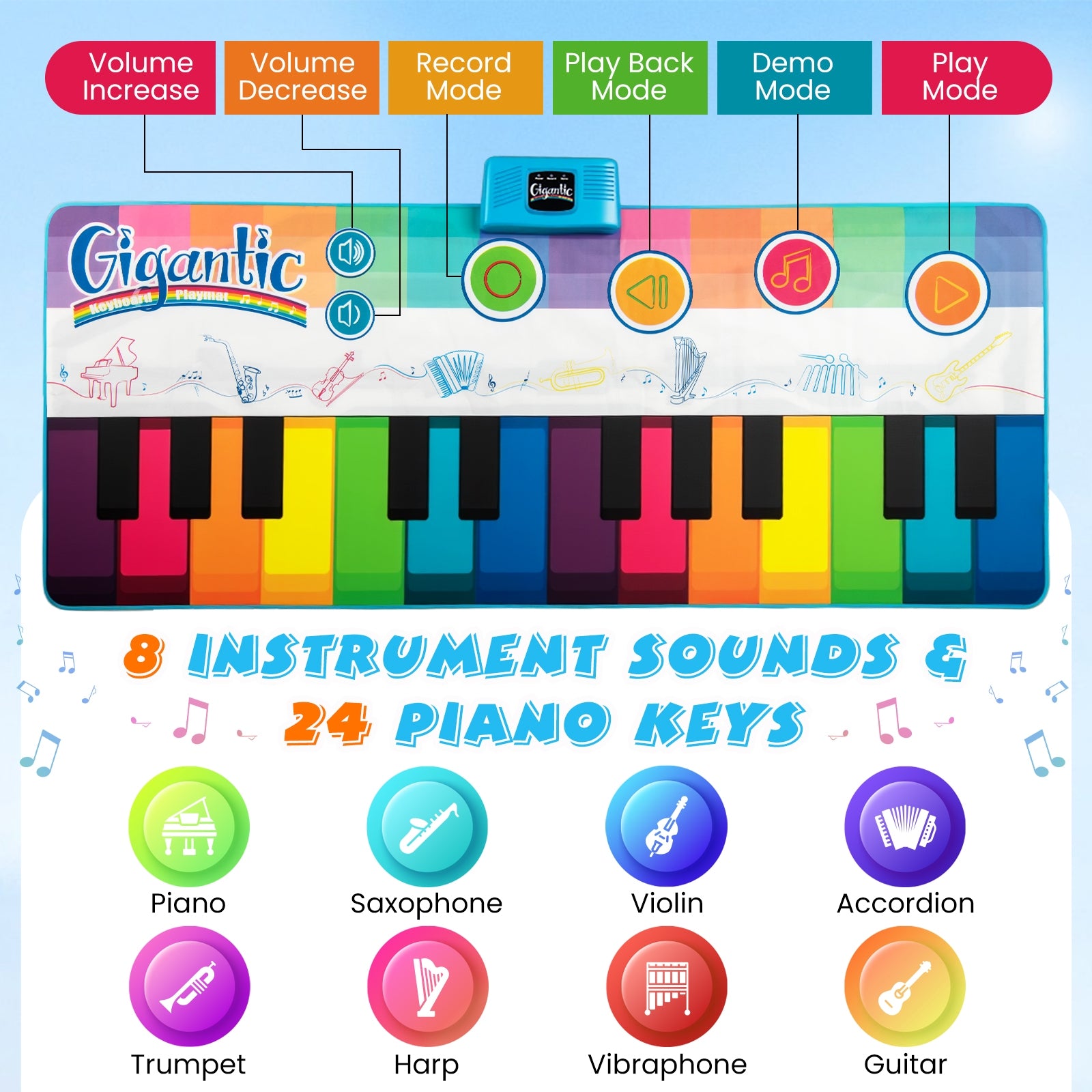 Floor Piano Dance Mat for Kids Musical Playmat with 8 Instrument Sounds, Multicolor Pianos & Keyboards at Gallery Canada