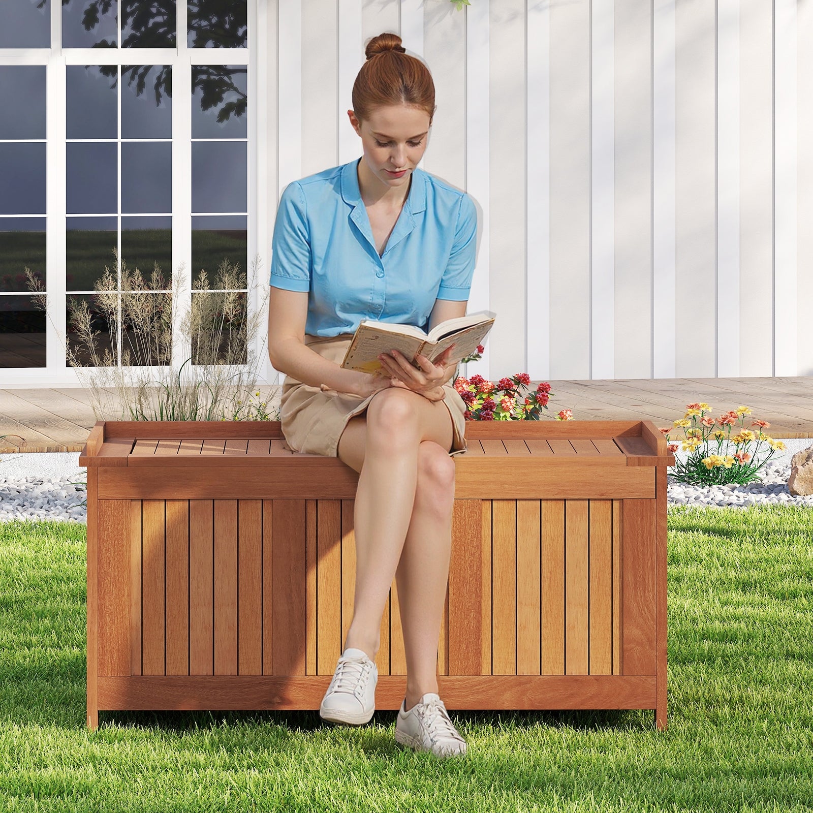 58 Gallon 3-in-1 Patio Wood Deck Box with Flip Top for Cushions Sheds & Outdoor Storage at Gallery Canada