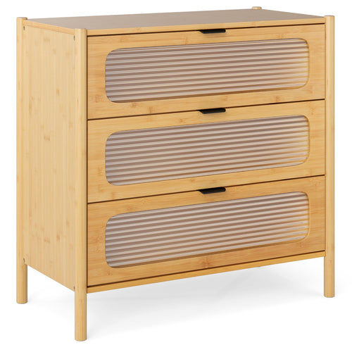 Mid Century Modern Chest, 3 Drawer, Reeded Tempered Glass Front, Natural