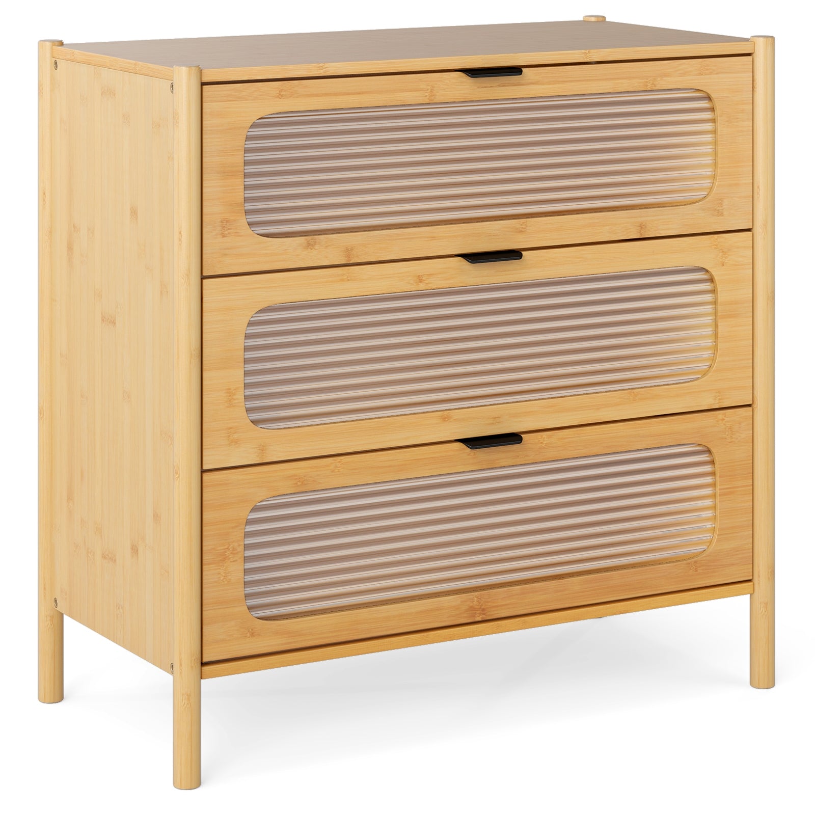 3 Drawer Mid Century Modern Chest of Drawers with Reeded Tempered Glass Front, Natural Cabinets & Chests Natural at Gallery Canada
